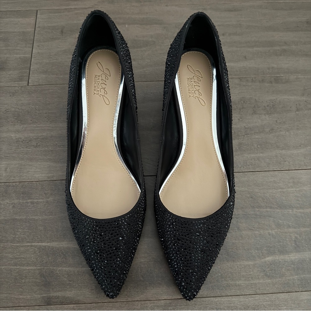 Jewel Badgley Mischka Black Crystal Pointed-Toe kitten heels 8.5